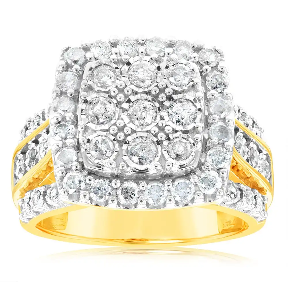 9ct Yellow Gold 2 Carat Diamond Cluster Square Dress Ring