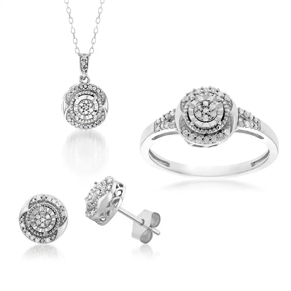 Sterling Silver1/3 Carat Diamond Pendant Earring and Ring Set Chain Included N1/2