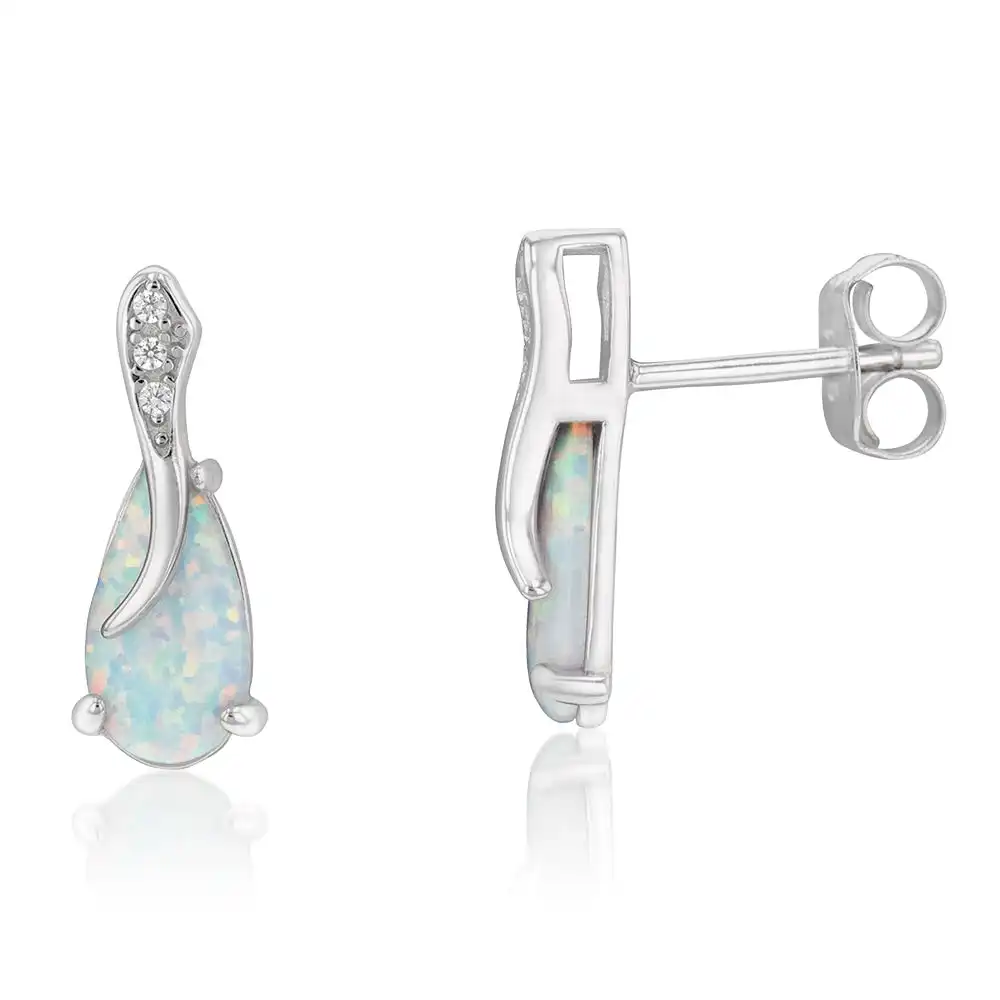 Sterling Silver Rhodium Plated Cubic Zirconia Synthetic Opal Crossover Earrings