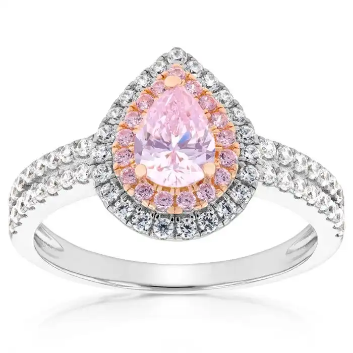 Sterling Silver Rhodium & Rose Gold Plated White & Pink CZ Pear Ring