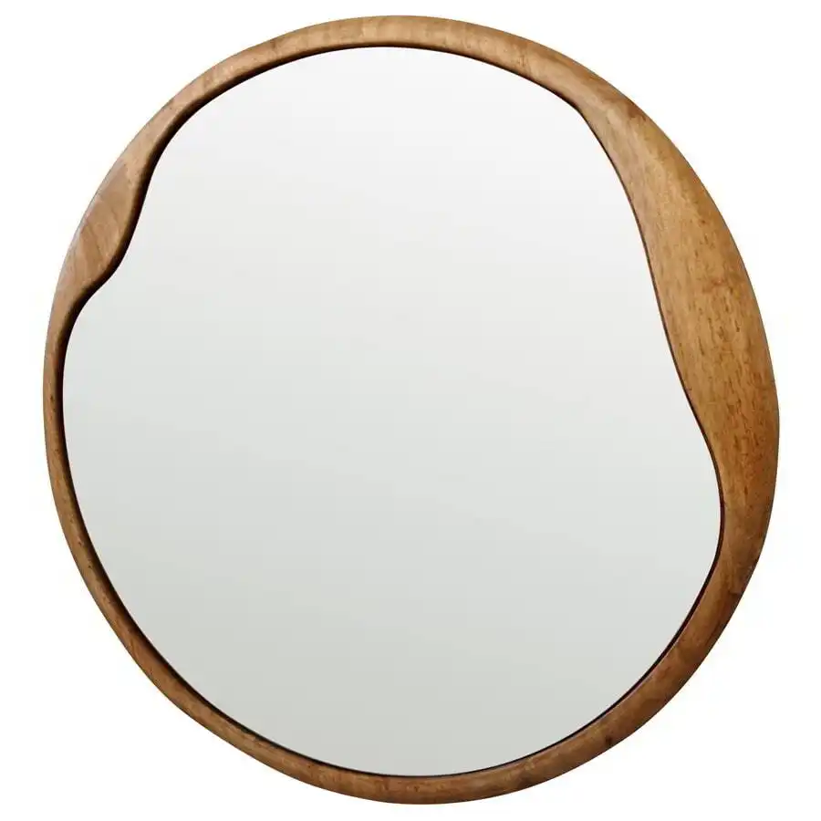 Asymmetric Round Wood-Framed Wall Mirror 60cm