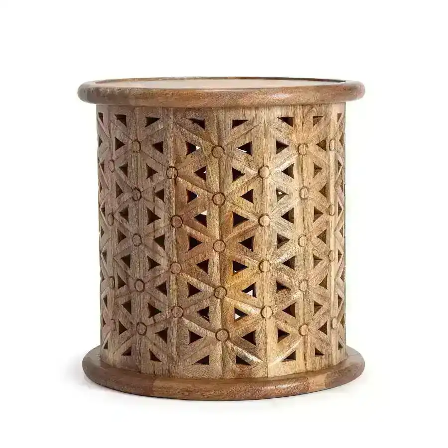 Natural Round Mangowood Carved Side Table