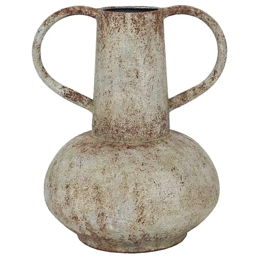 Vintage Metal Pot Flower Vase With Wide Base & Handles