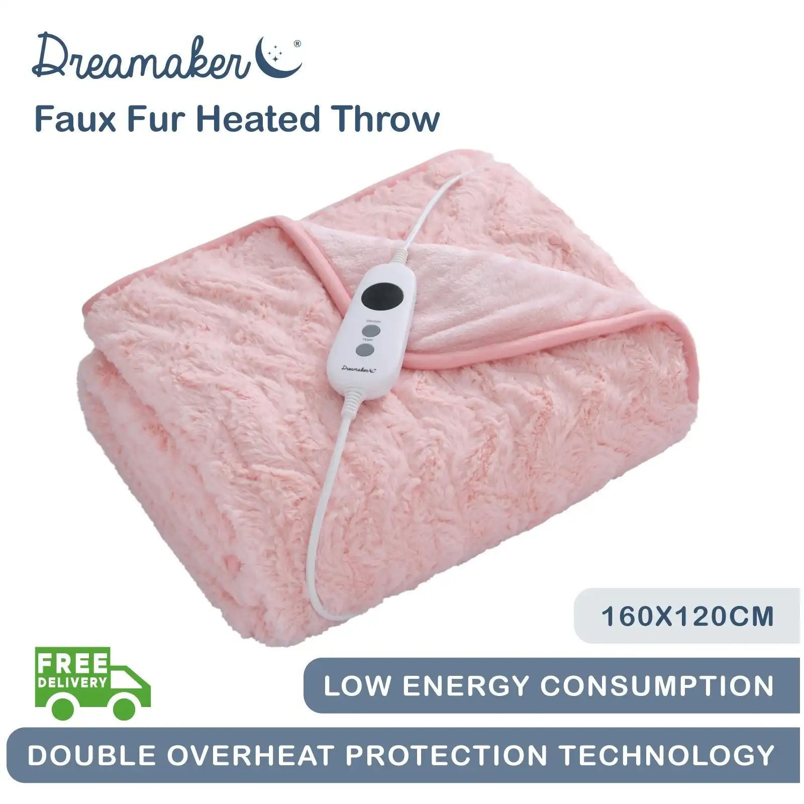 Dreamaker 500Gsm Faux Fur Heated Throw Pink 160 x 120cm