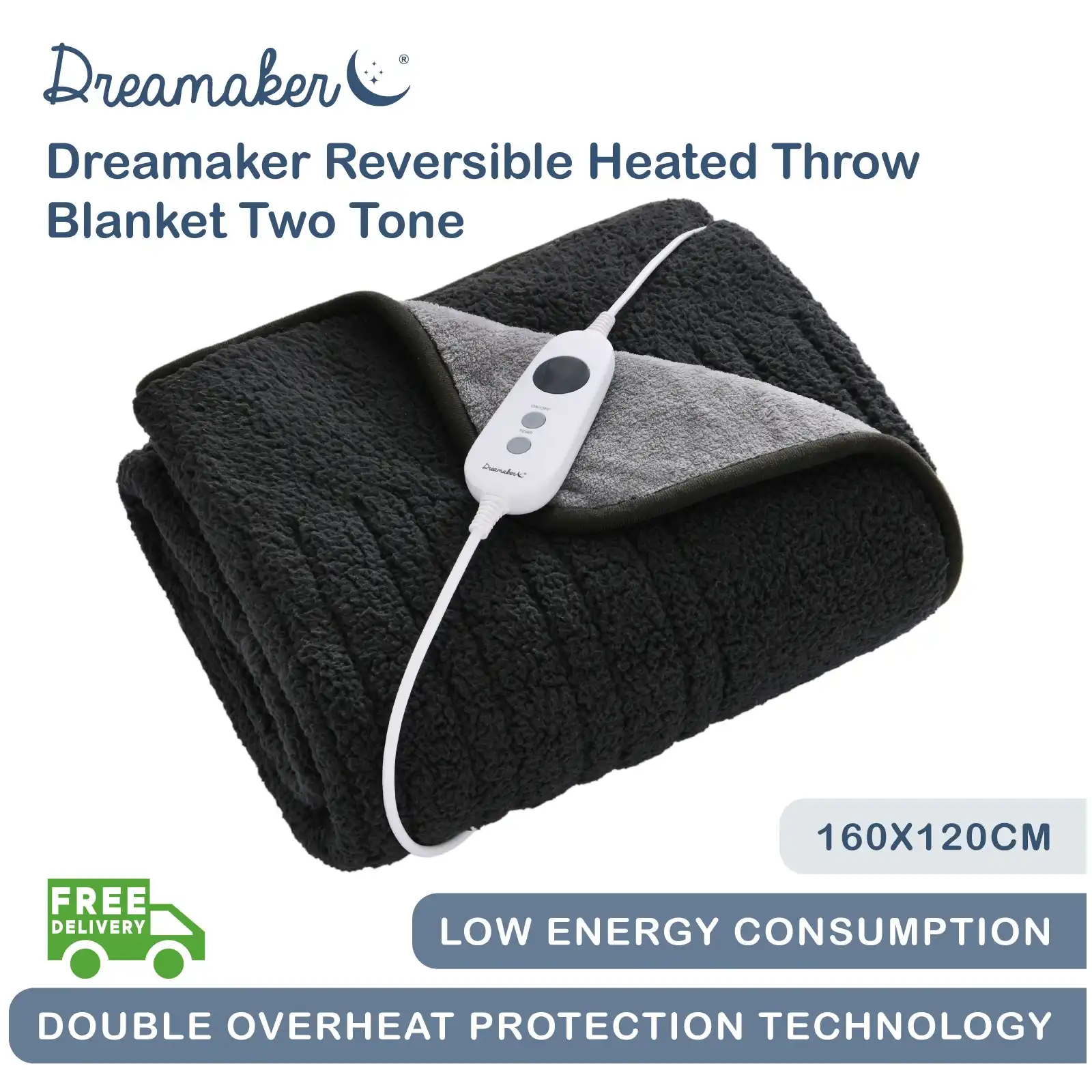 Dreamaker Reversible Heated Throw Blanket Two Tone (Charcoal/Silver)- 160x120cm
