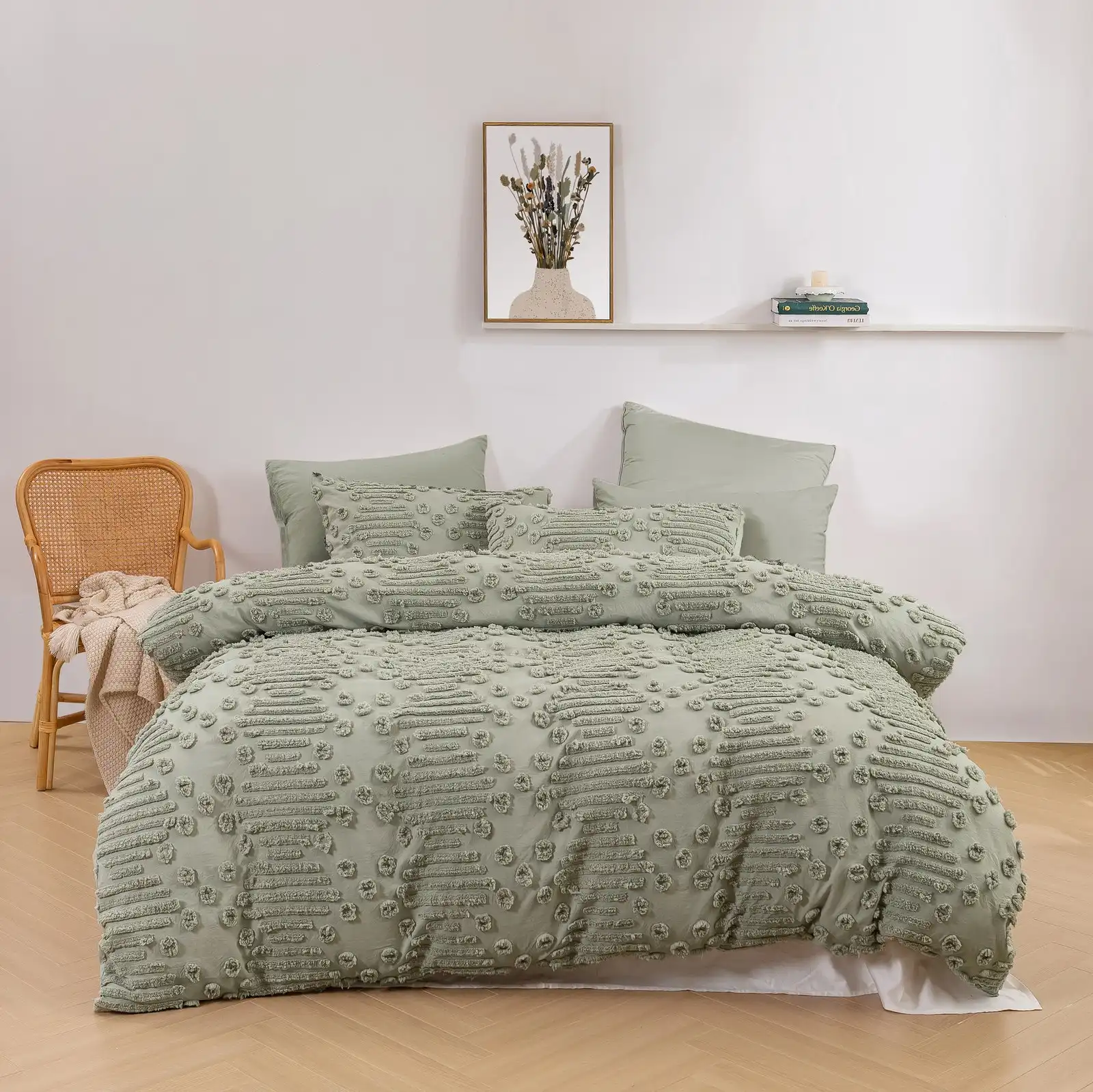Dreamaker Fletcher Ultrafine Tufted Chenille Quilt Cover Set Sage Single Bed