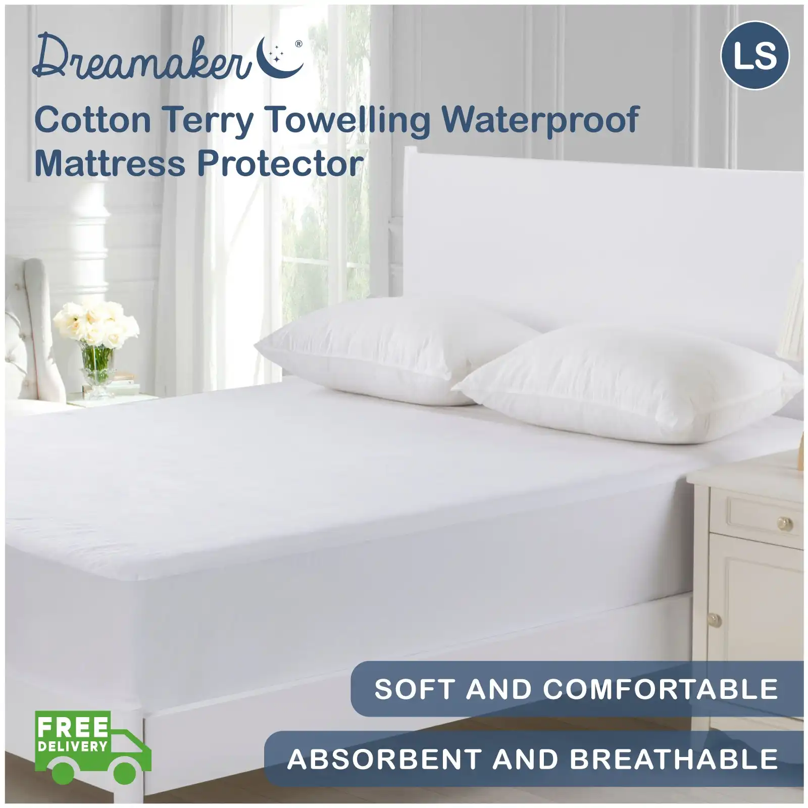Dreamaker Cotton Terry Towelling Waterproof Mattress Protector - Long Single Bed