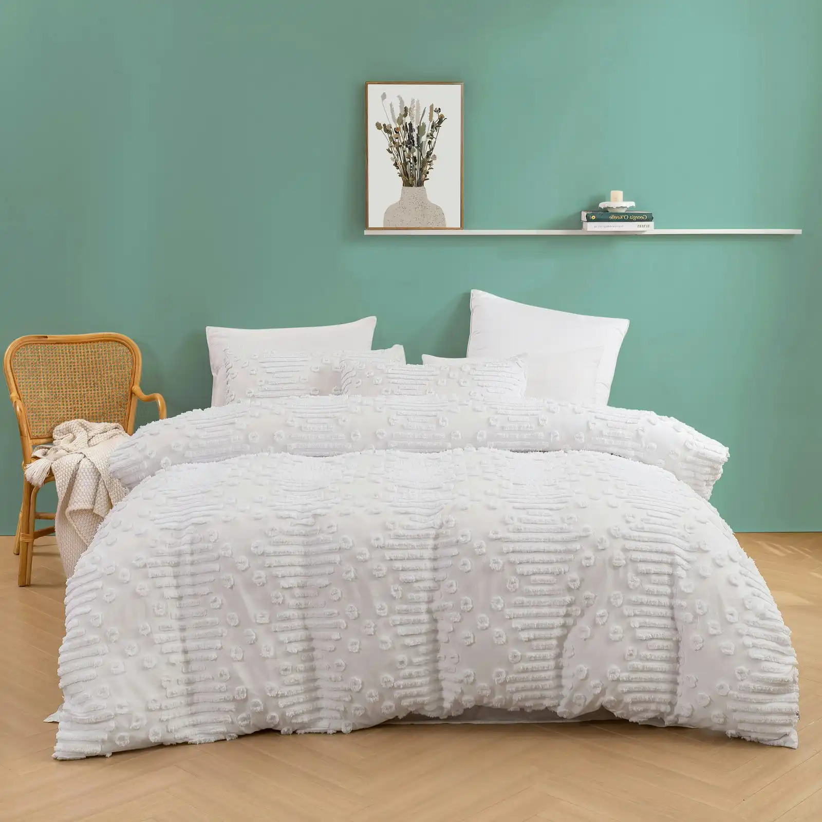 Dreamaker Fletcher Ultrafine Tufted Chenille Quilt Cover Set White Double Bed