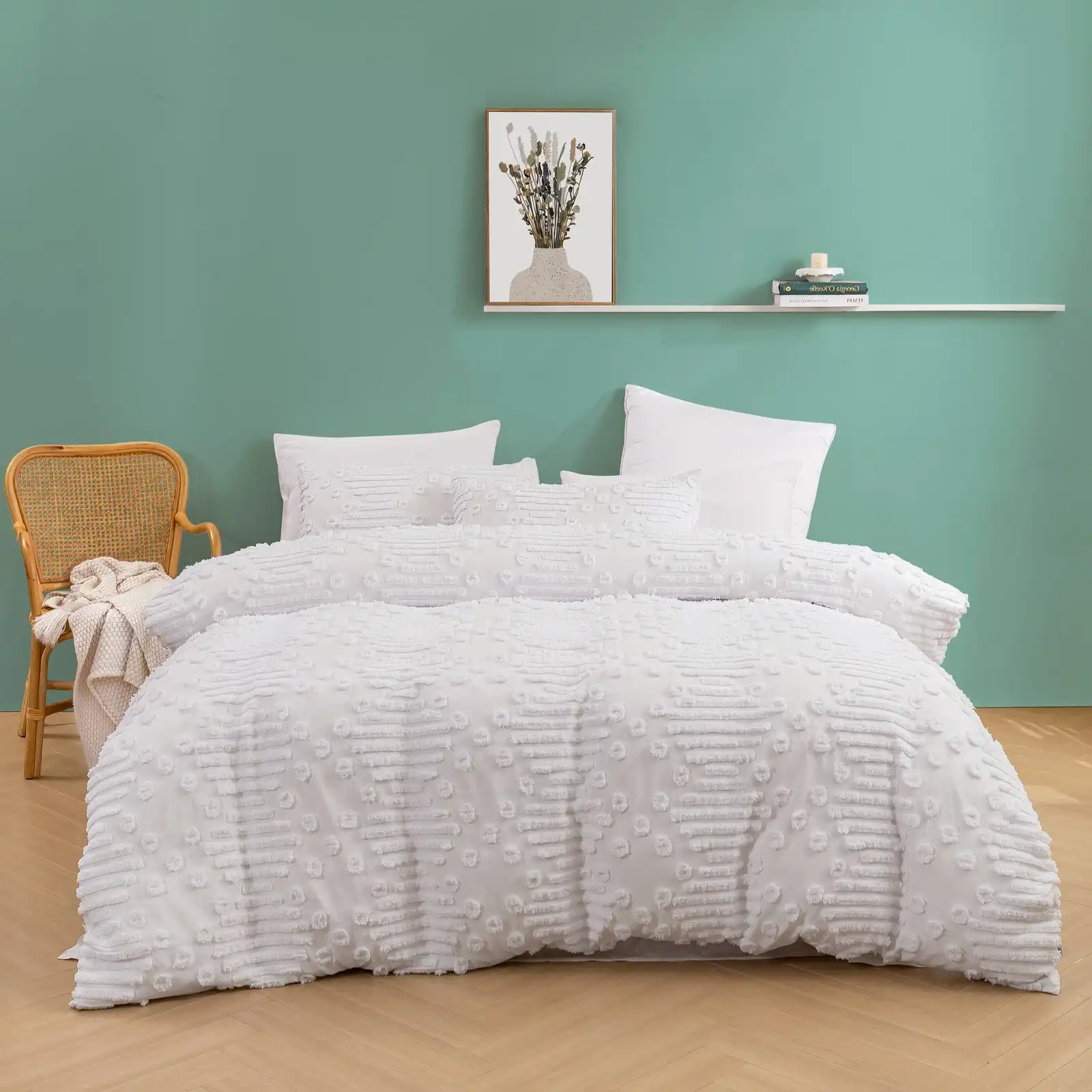 Dreamaker Fletcher Ultrafine Tufted Chenille Quilt Cover Set White Queen Bed