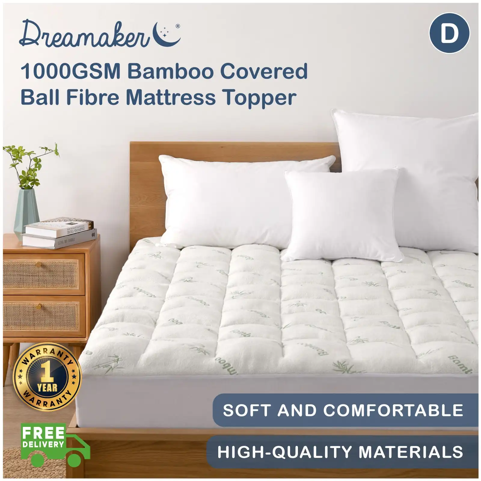 Dreamaker 1000GSM Bamboo Covered Ball Fibre Mattress Topper Double Bed