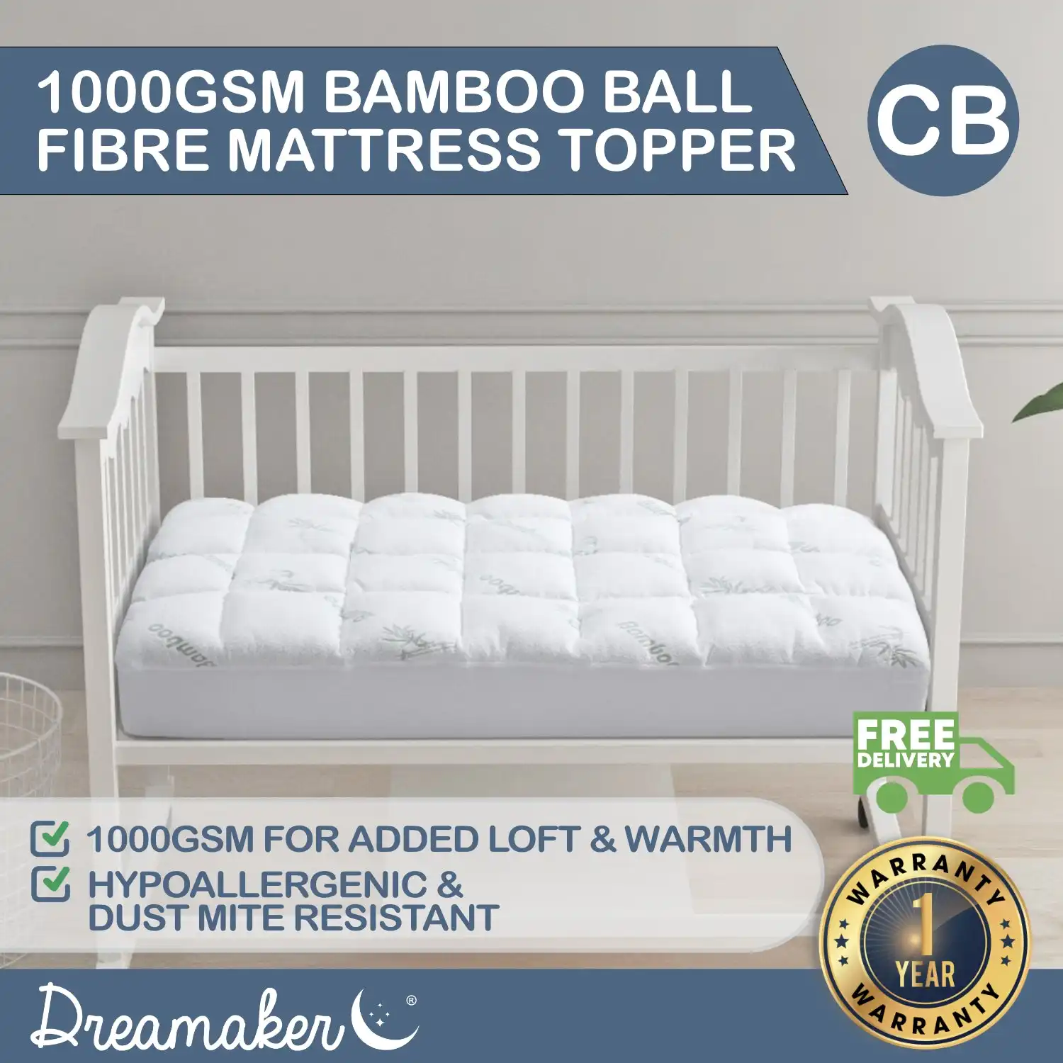 Dreamaker 1000GSM Bamboo Covered Ball Fibre Mattress Topper - Cot Boori