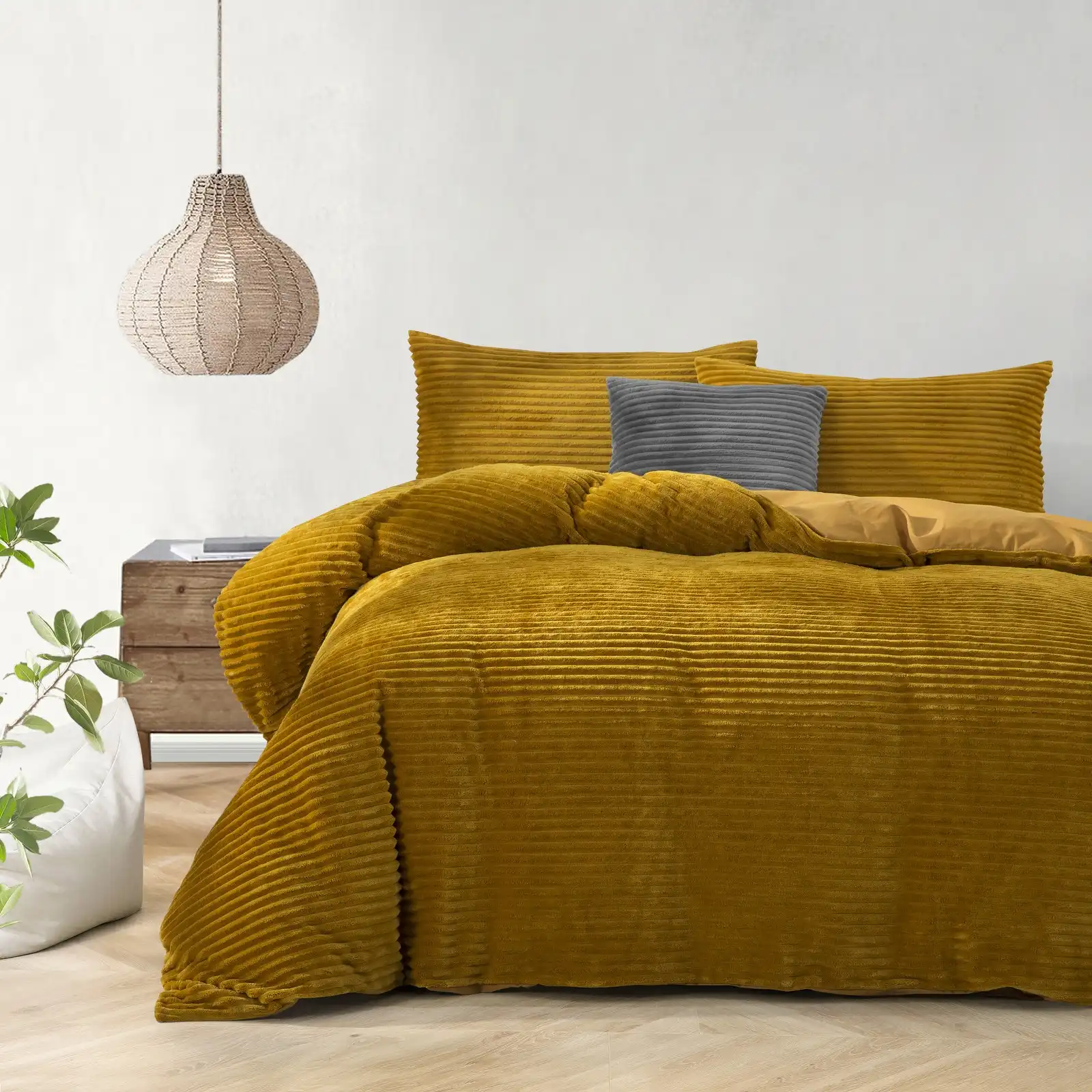 Dreamaker Embossed Teddy Fleece Quilt Cover Set Mustard Queen Bed