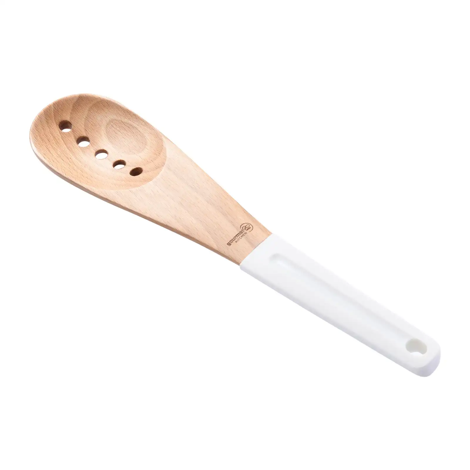 Gourmet Kitchen Rustic Beech Wood Slotted Spoon with Silicone Grip White 30x6.5x1.5cm