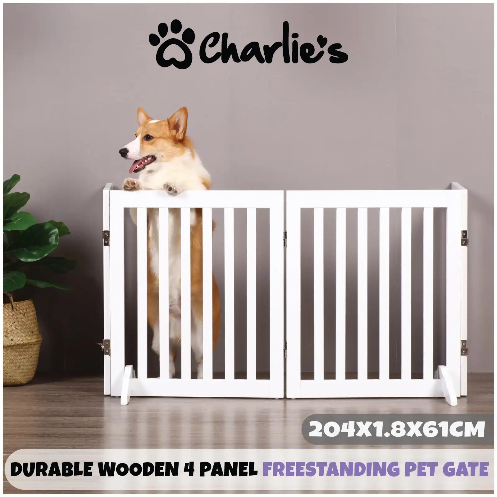 Charlie's Wooden 4 Panel Freestanding Dog Gate White