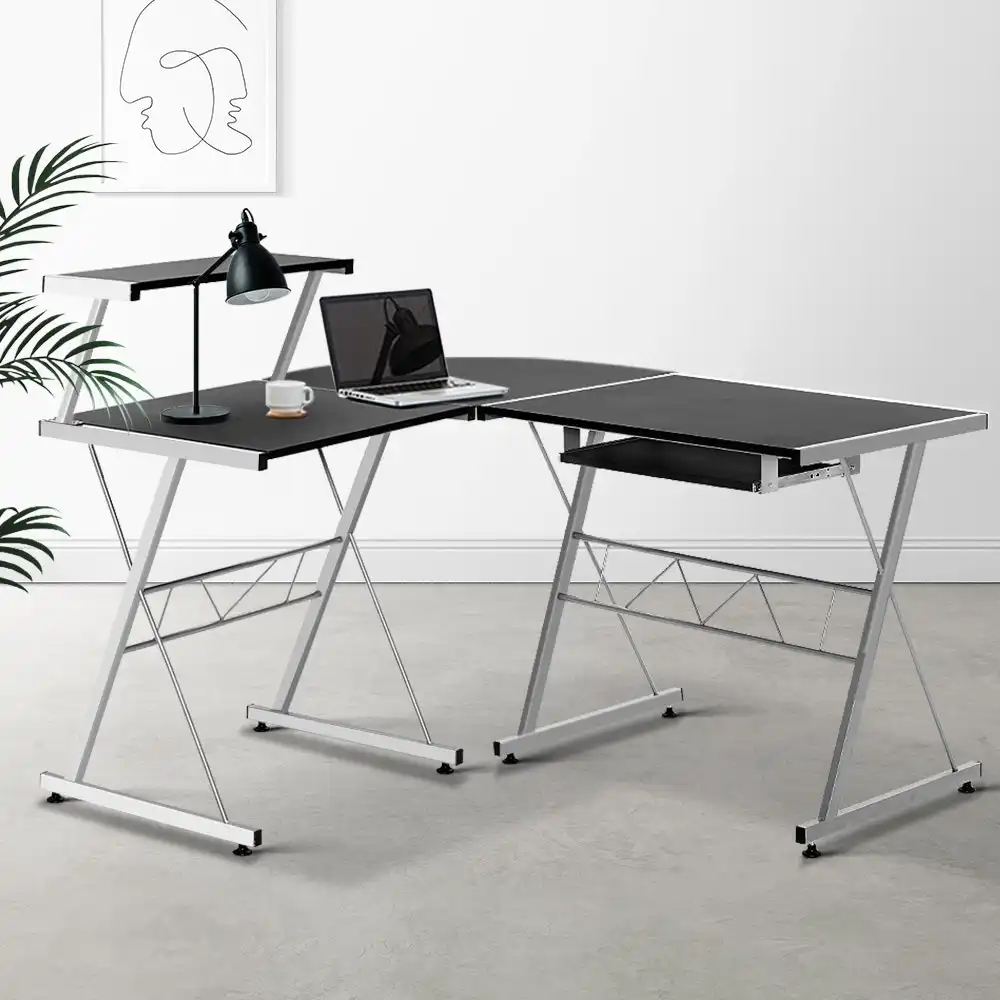 Artiss Corner Computer Desk with Keyboard Tray Shelf Office Study Laptop Table Black