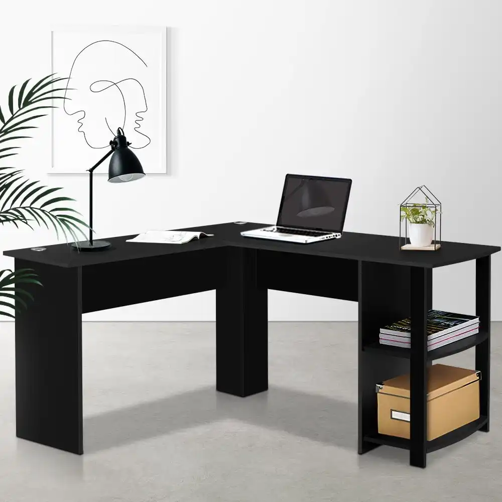 Artiss Wooden Corner Computer Desk with Shelf Office Study Table L-Shape Workstation 136cm Black