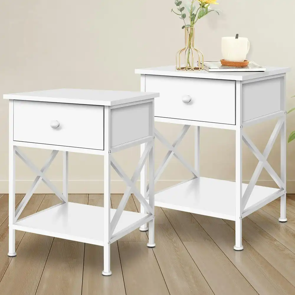 Alfordson 2x Bedside Table Retro Wood Nightstand Vintage White