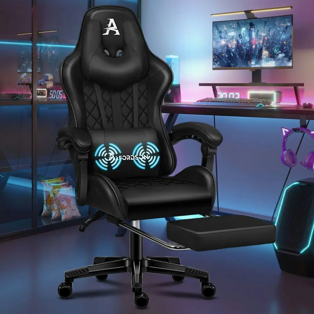 Alfordson Gaming Chair PU Leather with Footrest Black Aussie
