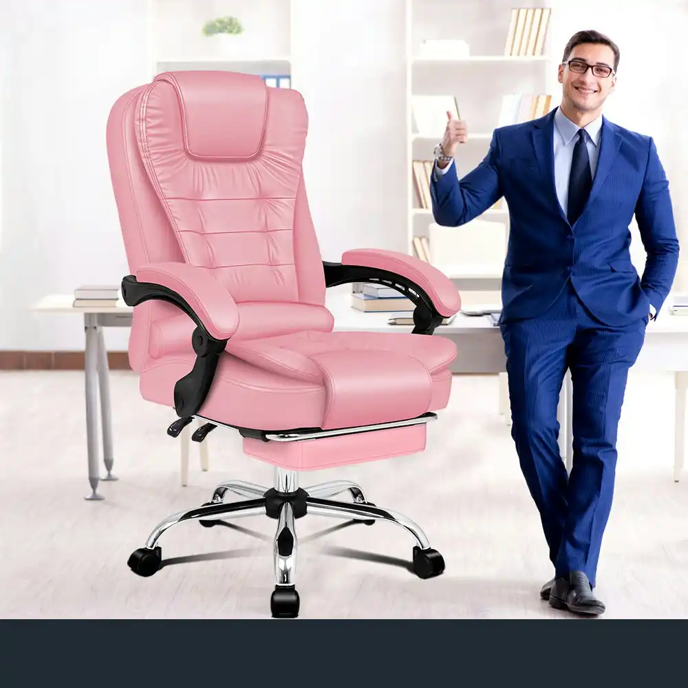 Alfordson Office Chair Executive PU Leather Seat with Footrest Pink