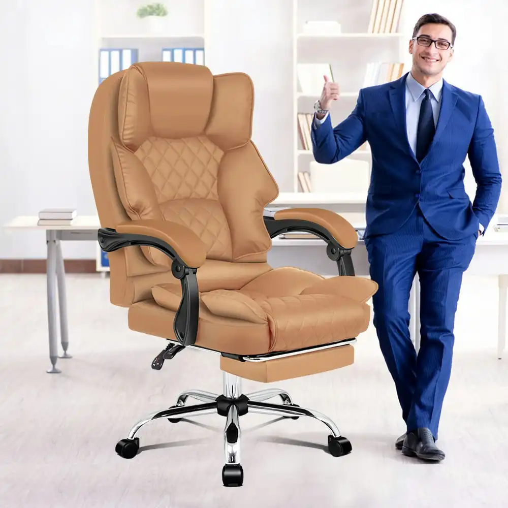 Alfordson Office Chair Deluxe PU Leather Executive - Brown (With Footrest)