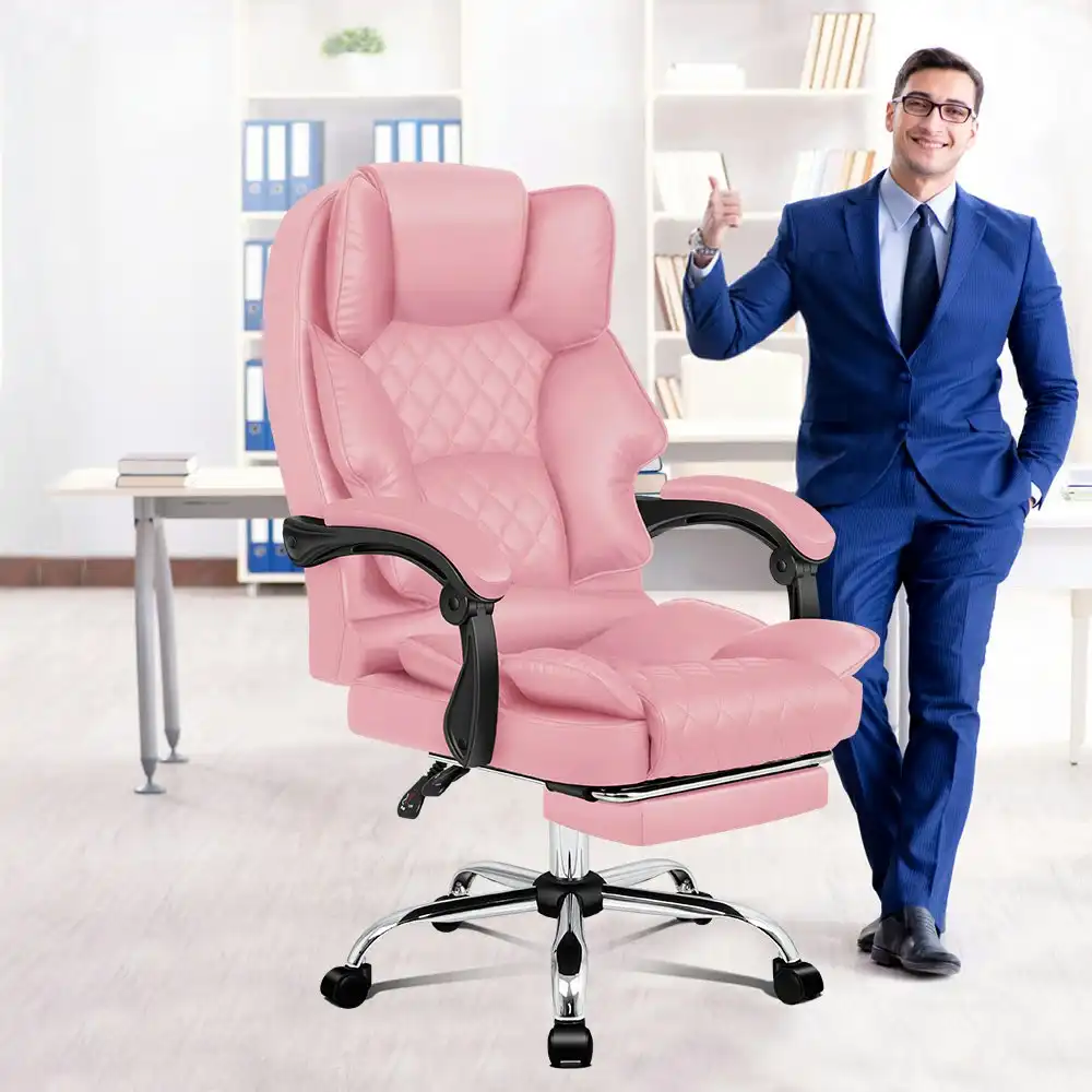 Alfordson Office Chair Deluxe PU Leather Executive - Pink (With Footrest)