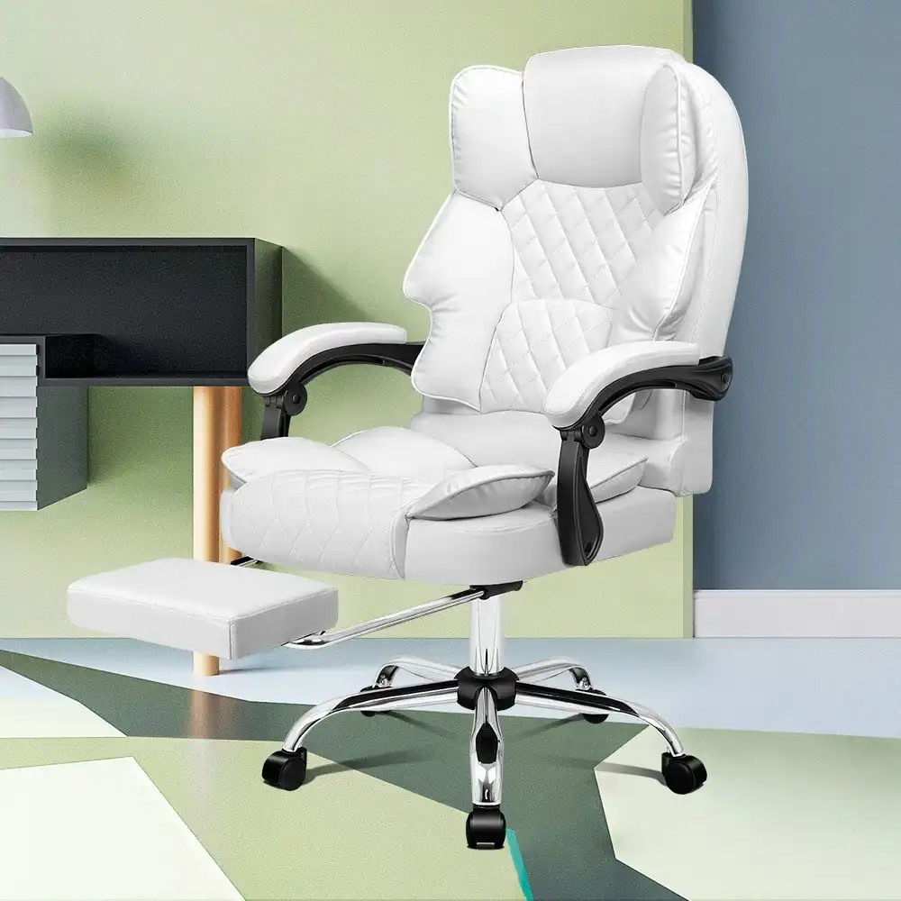 Alfordson Office Chair Deluxe PU Leather Executive - White (With Footrest)