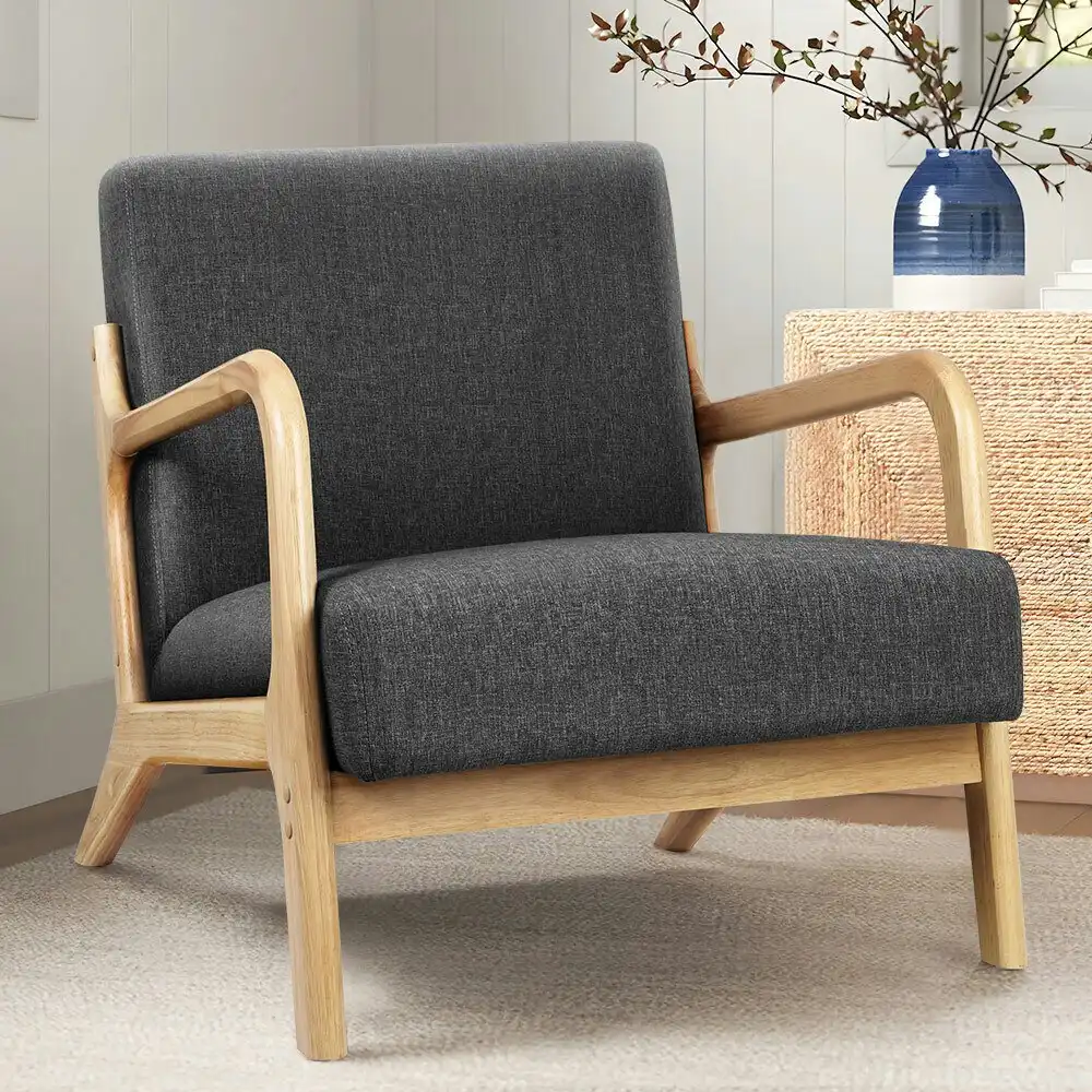 Alfordson Wooden Armchair Lounge Chair Fabric Seat Grey