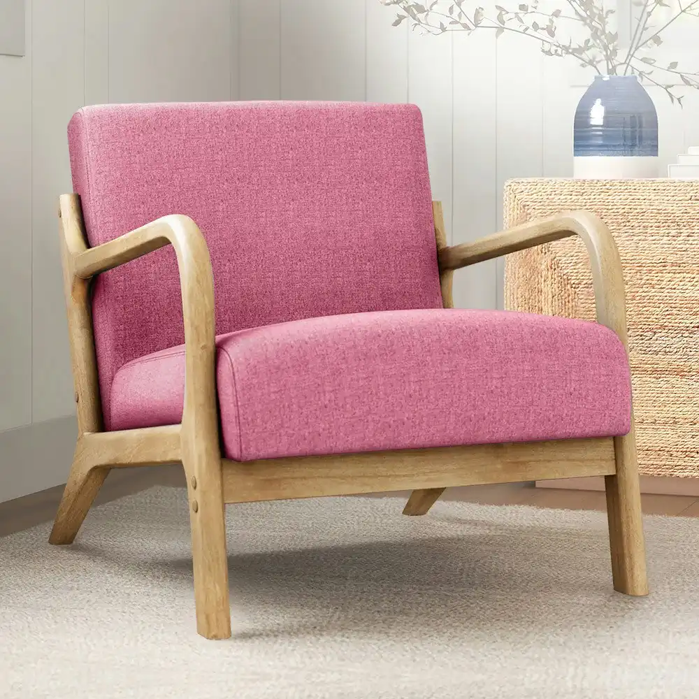 Alfordson Wooden Armchair Lounge Chair Fabric Seat Pink