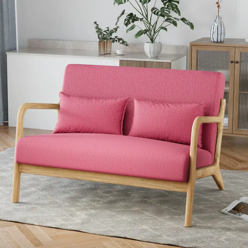Alfordson Wooden Armchair 2 Seater Sofa Lounge Fabric Seat Pink