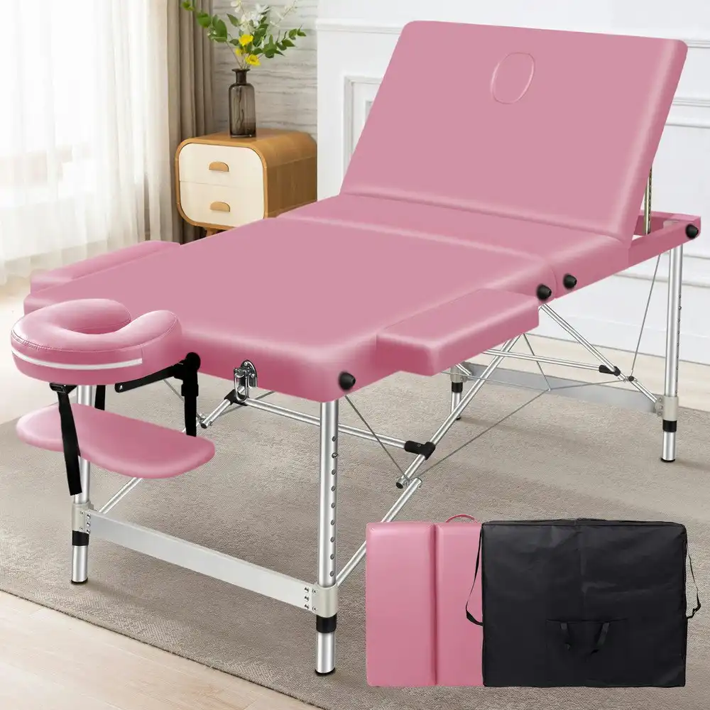 Alfordson Massage Table 3 Fold 85cm Foldable Portable Aluminium Bed Desk Pink