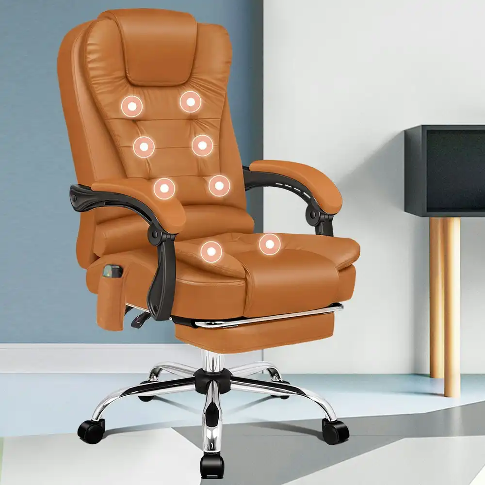 Alfordson 8-Point Massage Office Chair Heated Seat Executive PU Leather Brown