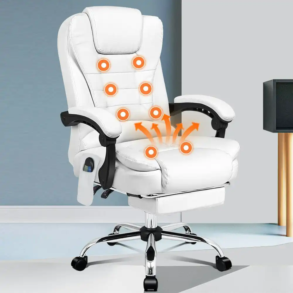 Alfordson 8-Point Massage Office Chair Heated Seat Executive PU Leather White