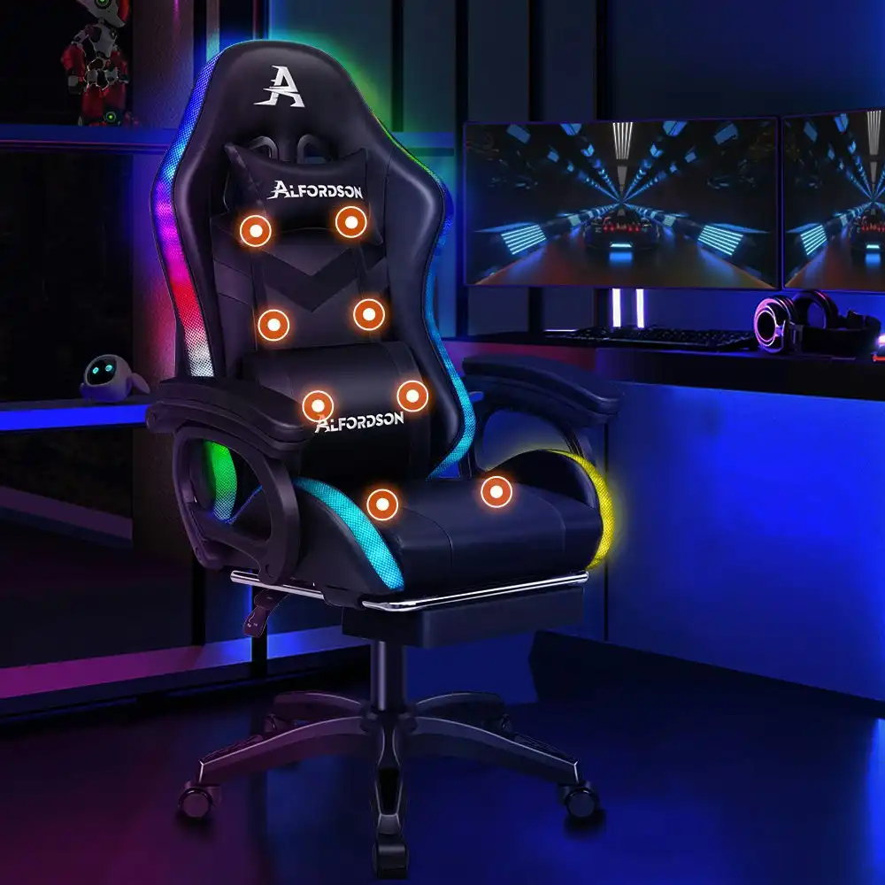 Alfordson Gaming Chair with 8-Point Massage 12 RGB LED Black
