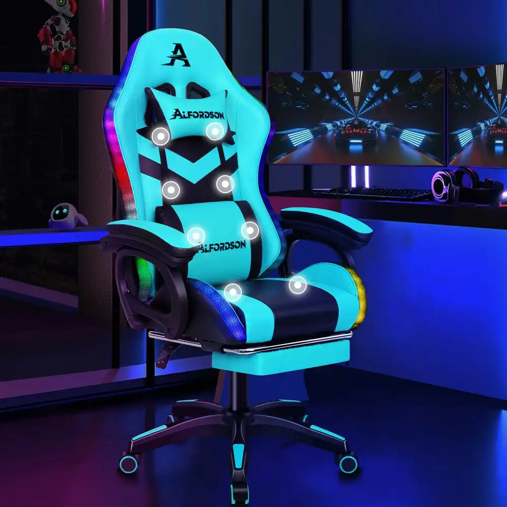 Alfordson Gaming Chair with 8-Point Massage 12 RGB LED Cyan & Black