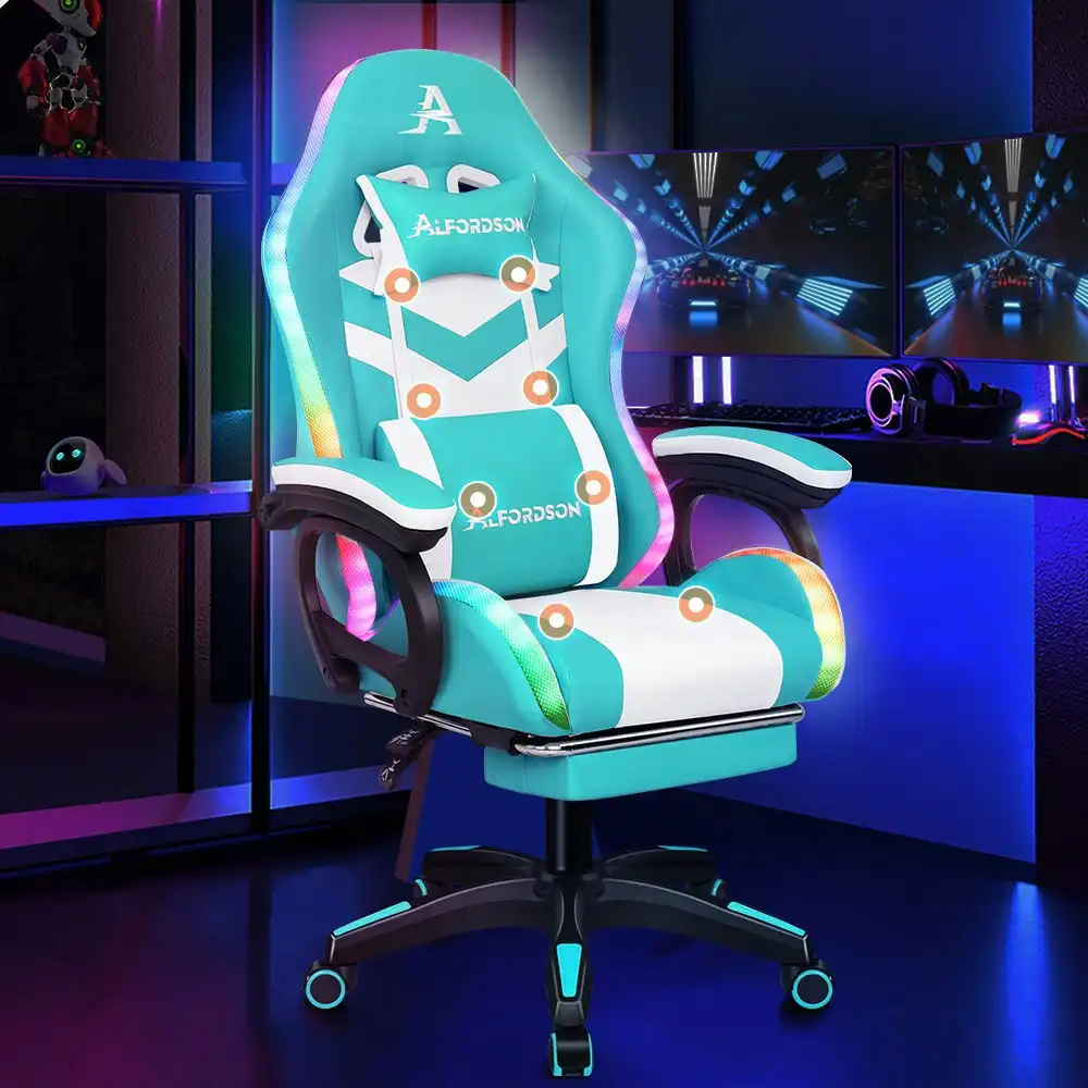 Alfordson Gaming Chair with 8-Point Massage 12 RGB LED Cyan & White