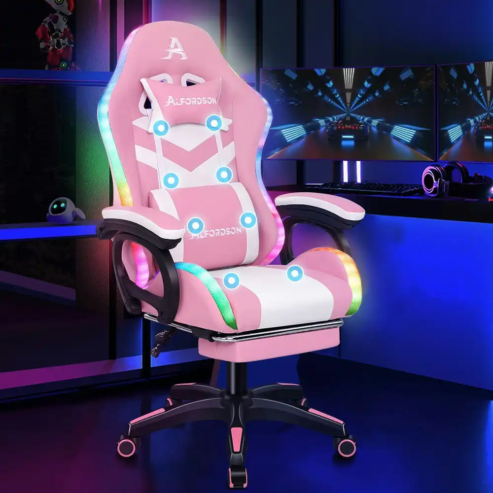 Alfordson Gaming Chair with 8-Point Massage 12 RGB LED Pink & White