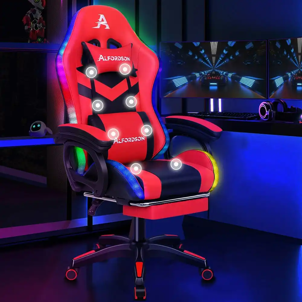 Alfordson Gaming Chair with 8-Point Massage 12 RGB LED Black & Red
