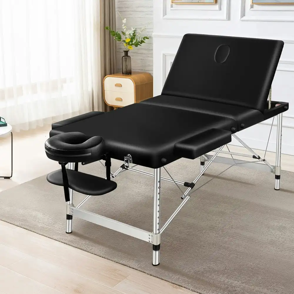 Alfordson Massage Table 3 Fold 65cm Foldable Portable Aluminium Lift Up Bed Desk Black