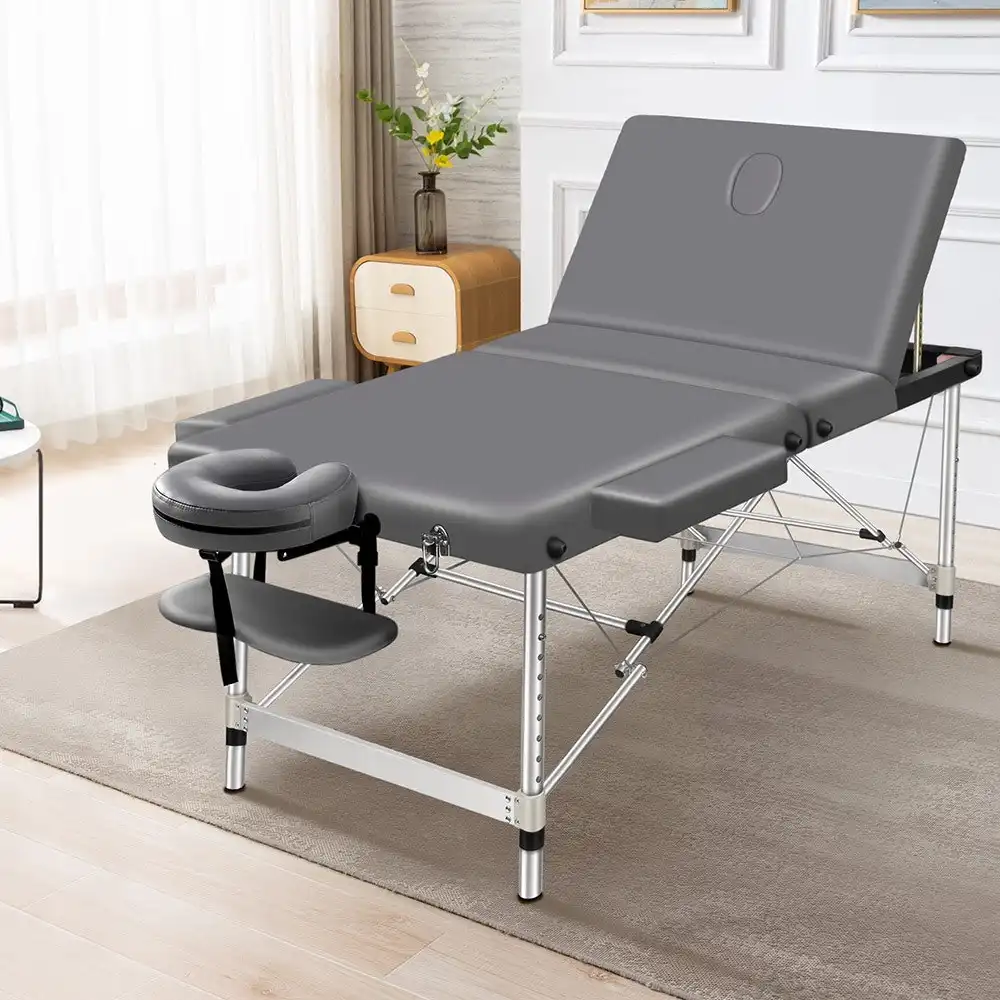 Alfordson Massage Table 3 Fold 65cm Foldable Portable Aluminium Lift Up Bed Desk Grey