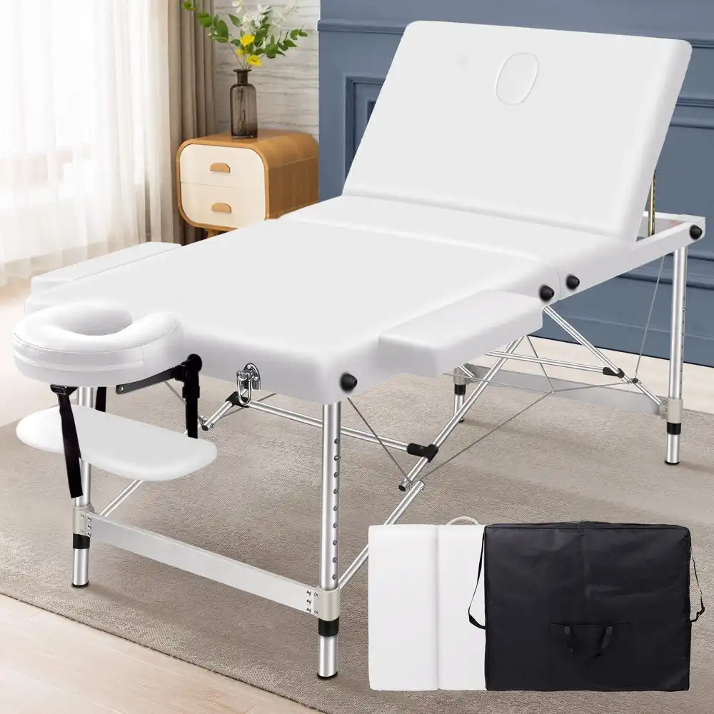 Alfordson Massage Table 3 Fold 65cm Foldable Portable Aluminium Bed Desk White
