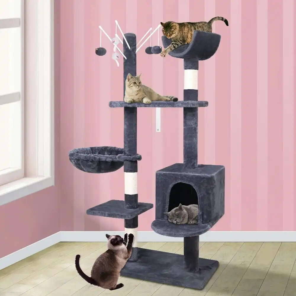 BEASTIE Cat Tree 145cm Grey with Plush Toy Ball & Bell Scratching Post