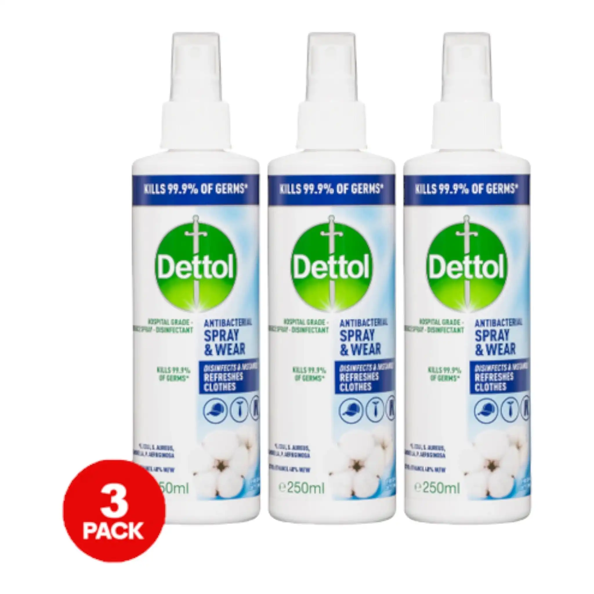 3 Pack Dettol Antibacterial Spray & Wear Fresh Clothes Disinfectant Cotton 250mL