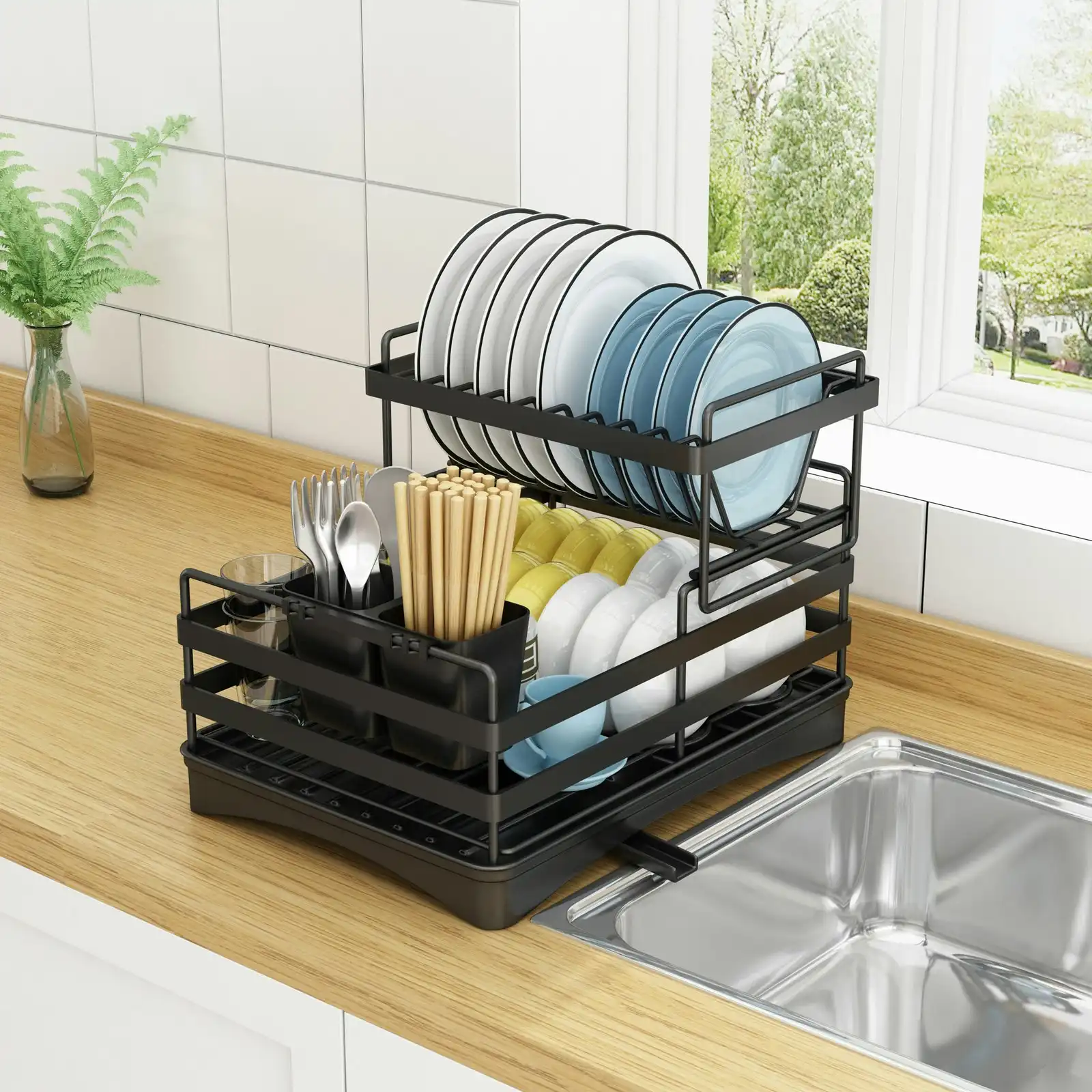 Viviendo 2 tier Dish Drainer Kitchen Counter Dish Rack  with Cutlery Holder, Drip Tray - Black