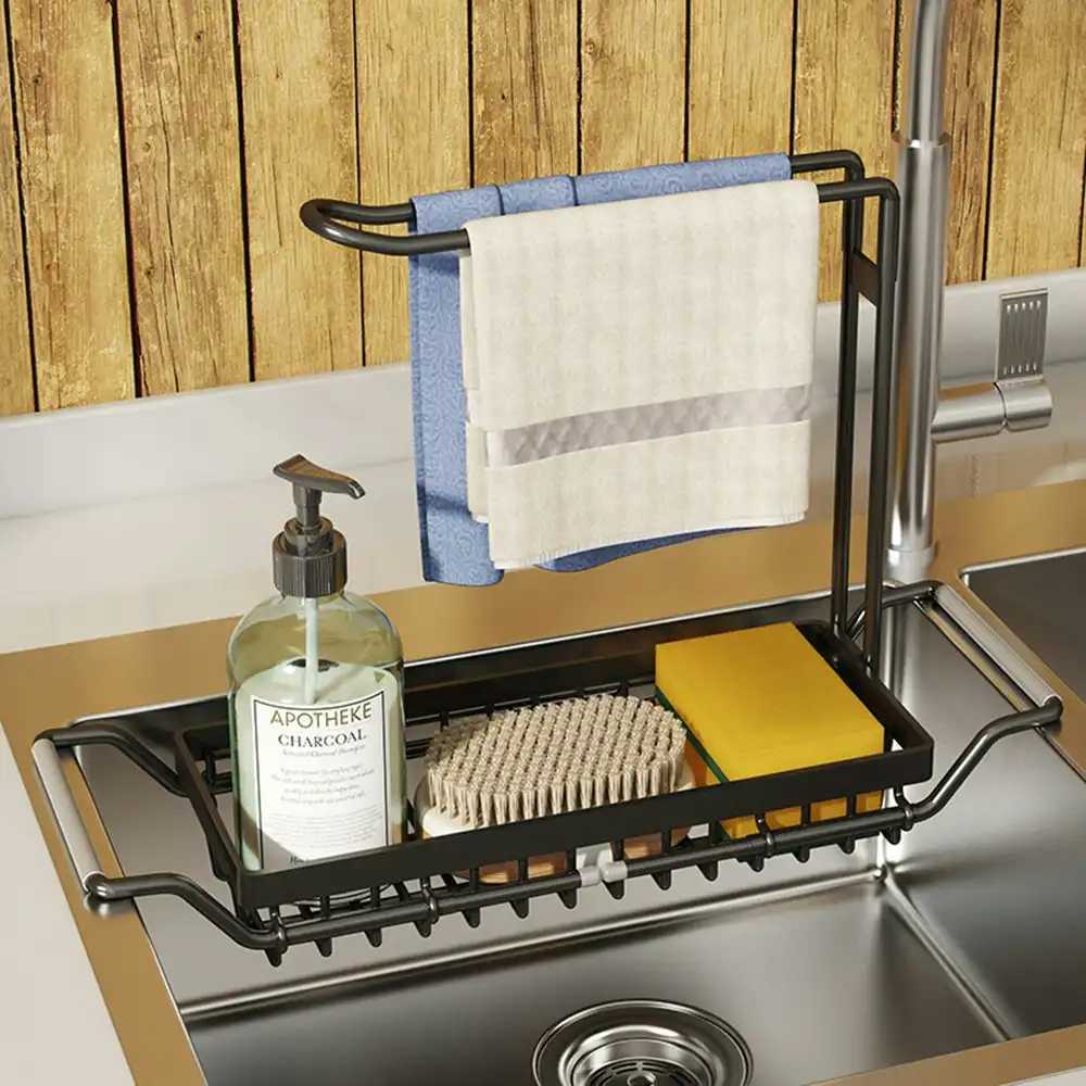 Expandable In-Sink Dish Drying Rack, Over the Sink Kitchen Caddy with Handles and Tea Towel Rack