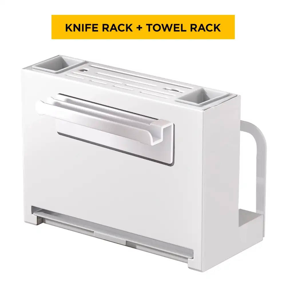 Viviendo Kitchen Knife Block Organiser Storage Cutting Board Holder in Carbon Steel with Towel Rack