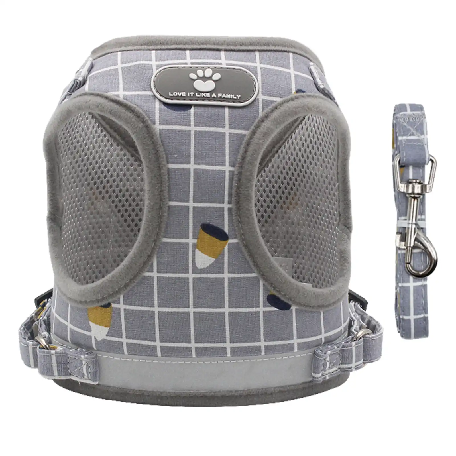 Furbulous No Pull Cat Small Dog Harness and Lead Set Adjustable Reflective Step-in Vest Harnesses Mesh Padded Plaid Escape Proof Puppy Jacket - Grey L