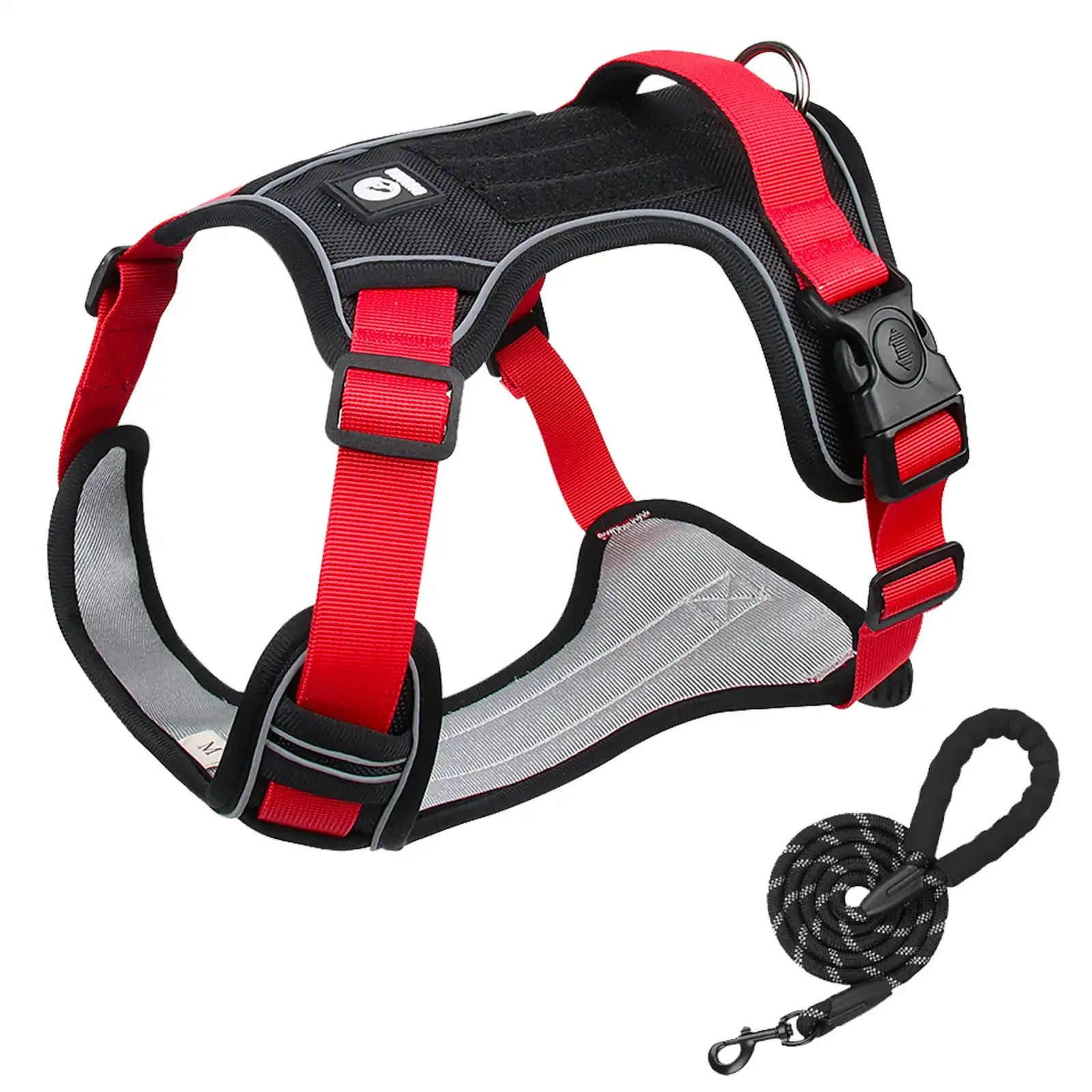 Furbulous Tactical Dog Harness Adjustable No Pull Pet Harness Reflective Working Training Dog Harness with 1.5m Lead - Red XL
