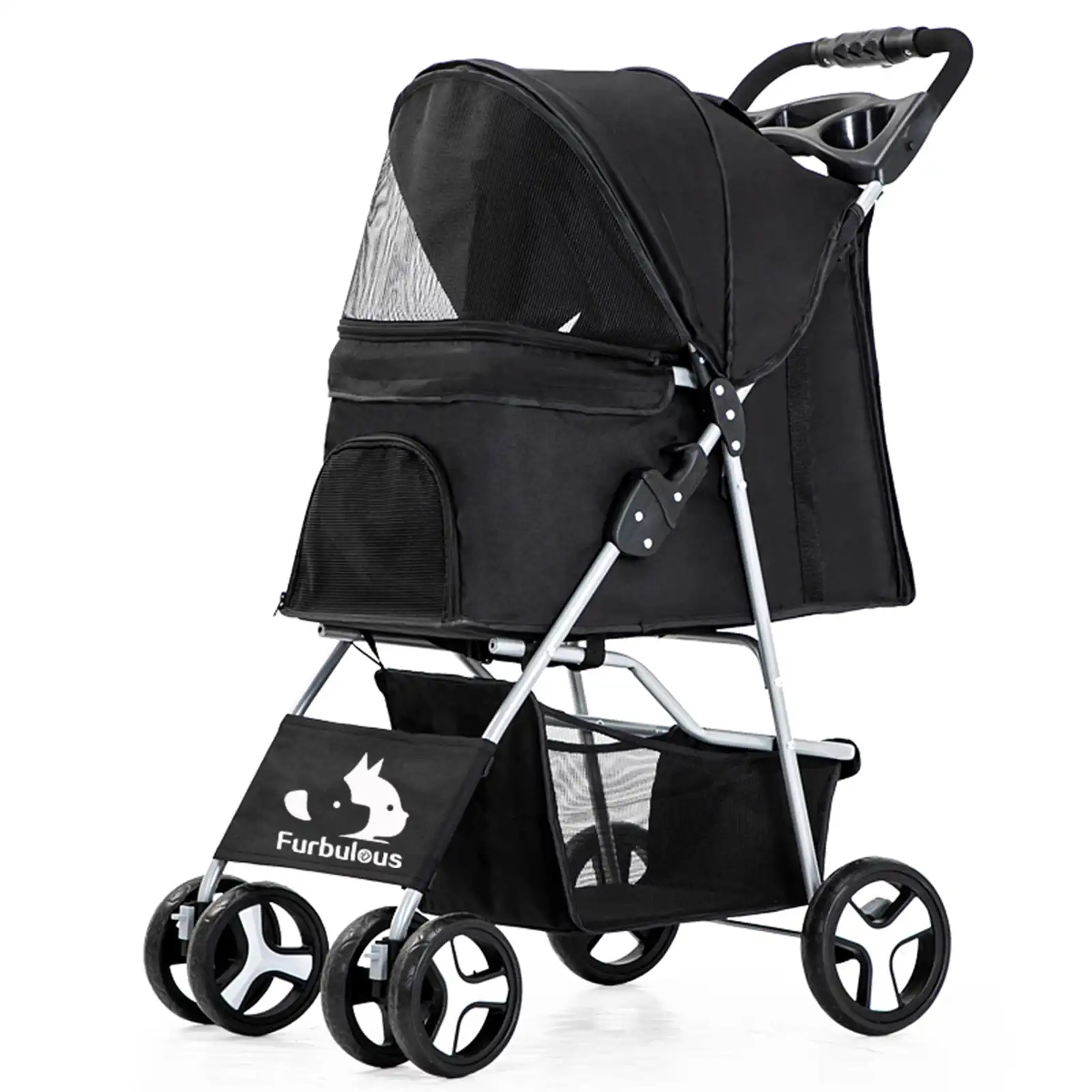 Furbulous Pet Stroller 4 Wheel Foldable Dog Pram Large Cat Travel Carrier - Black