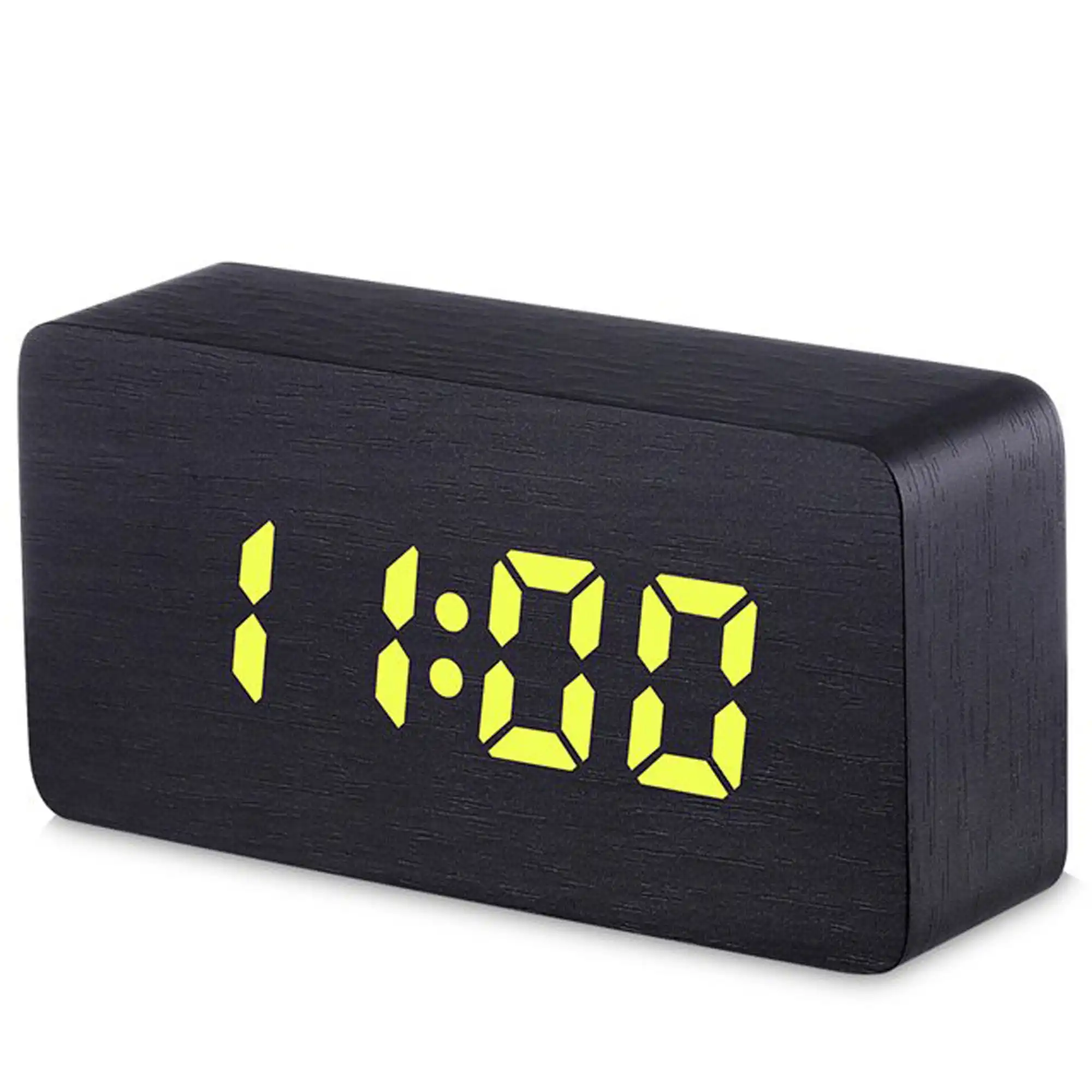 Todo LED Digital Alarm Clock 3 Alarm 115 Colour Display USB Power Woodgrain - Black