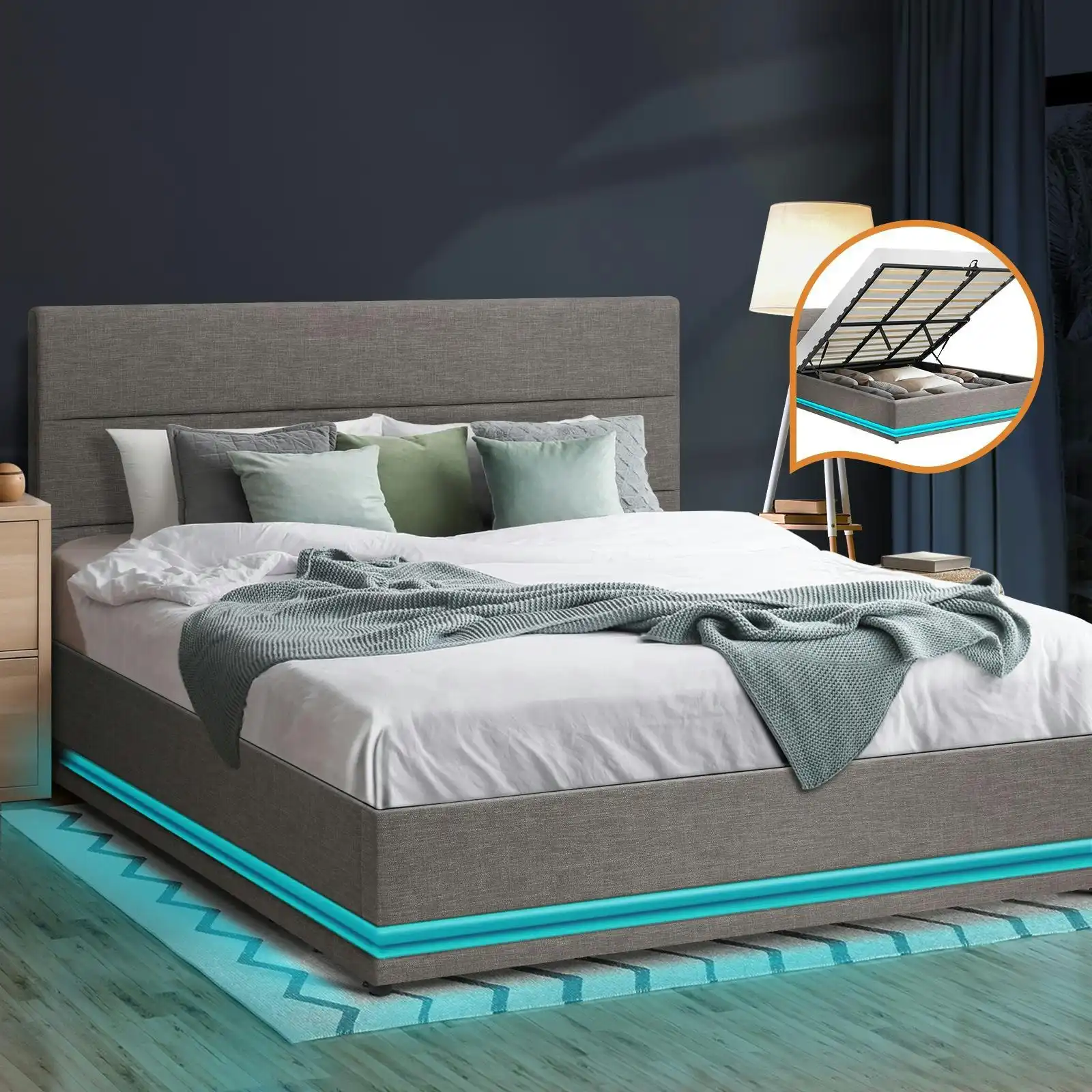 Oikiture Bed Frame King Size Bed Platform RGB LED Gas Lift Base Storage Grey